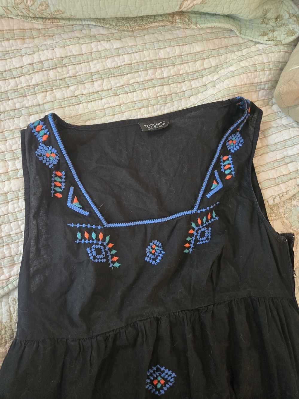 Topshop Black Sleeveless Embroidered Shift Dress with Blue and Orange Accents - Picture 3 of 8